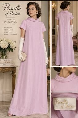 VTG 50s 60s Priscilla of Boston S/M Formal Maxi Gown Drape Neck Bridgeton Bride